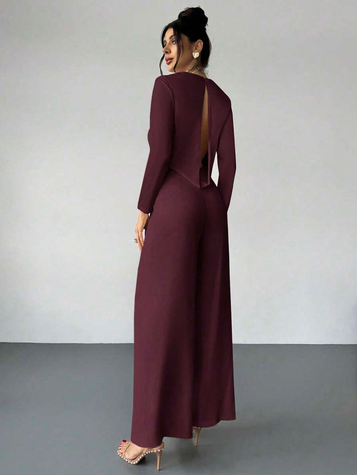 Firerie Elegant Burgundy Autumn Night Out Dinner Date Deep V-Neck Backless Waist-Cinched Long Sleeved Wide Leg Pants For Cocktail Evening Party Wedding