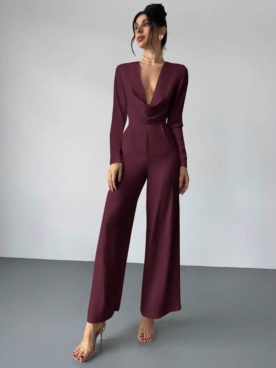 Firerie Elegant Burgundy Autumn Night Out Dinner Date Deep V-Neck Backless Waist-Cinched Long Sleeved Wide Leg Pants For Cocktail Evening Party Wedding