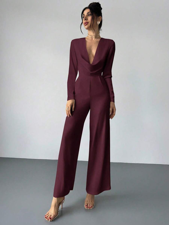 Firerie Elegant Burgundy Autumn Night Out Dinner Date Deep V-Neck Backless Waist-Cinched Long Sleeved Wide Leg Pants For Cocktail Evening Party Wedding