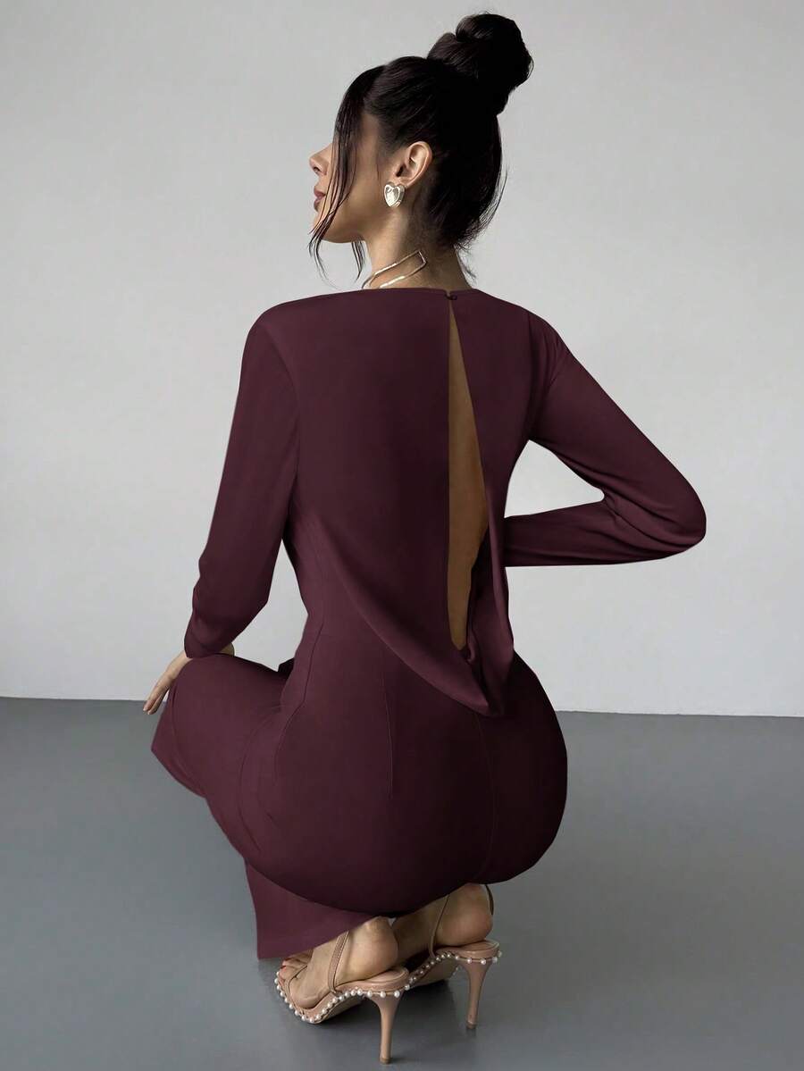 Firerie Elegant Burgundy Autumn Night Out Dinner Date Deep V-Neck Backless Waist-Cinched Long Sleeved Wide Leg Pants For Cocktail Evening Party Wedding