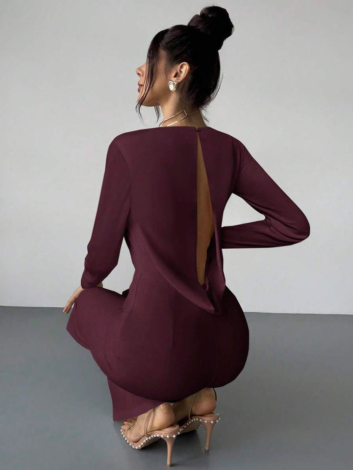 Firerie Elegant Burgundy Autumn Night Out Dinner Date Deep V-Neck Backless Waist-Cinched Long Sleeved Wide Leg Pants For Cocktail Evening Party Wedding