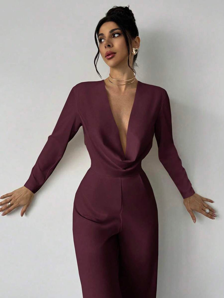 Firerie Elegant Burgundy Autumn Night Out Dinner Date Deep V-Neck Backless Waist-Cinched Long Sleeved Wide Leg Pants For Cocktail Evening Party Wedding