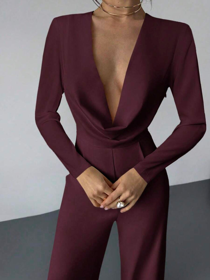 Firerie Elegant Burgundy Autumn Night Out Dinner Date Deep V-Neck Backless Waist-Cinched Long Sleeved Wide Leg Pants For Cocktail Evening Party Wedding