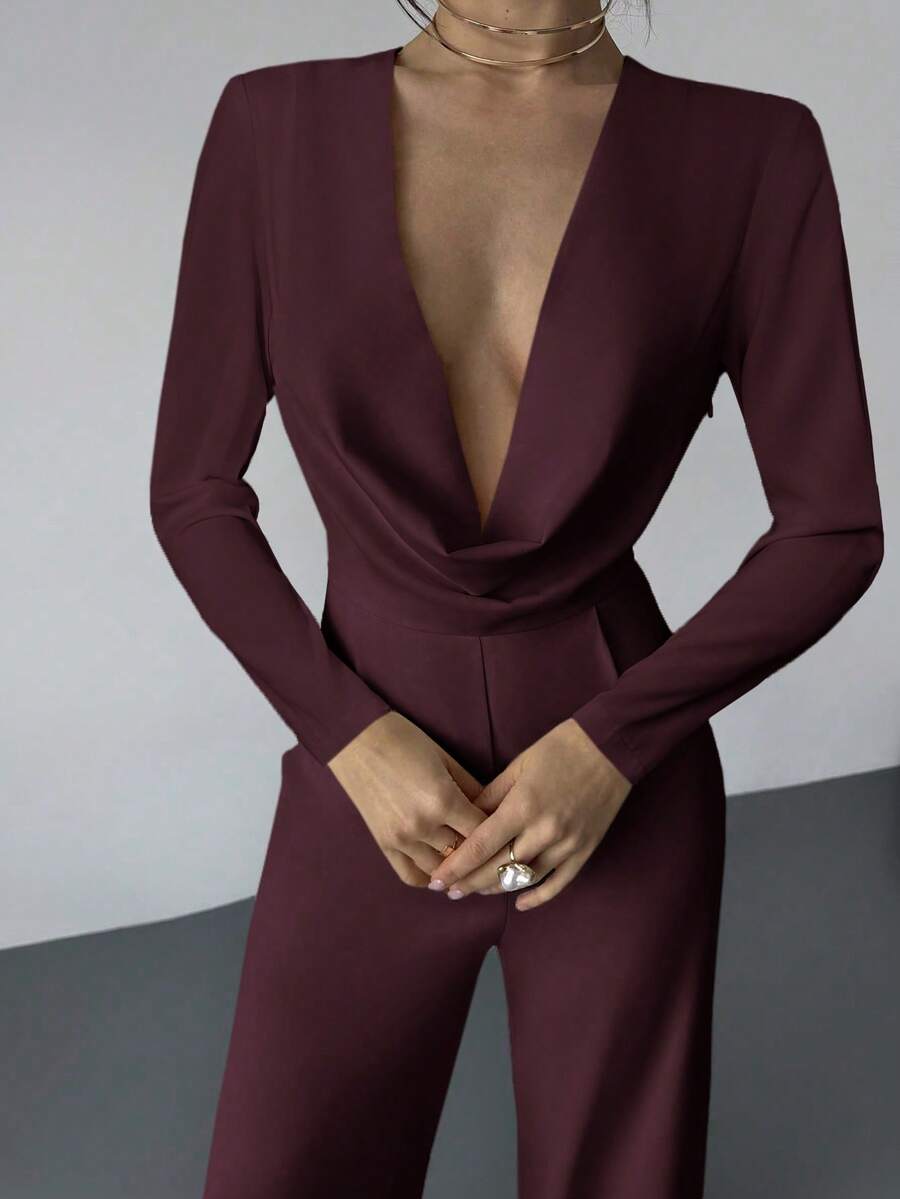 Firerie Elegant Burgundy Autumn Night Out Dinner Date Deep V-Neck Backless Waist-Cinched Long Sleeved Wide Leg Pants For Cocktail Evening Party Wedding
