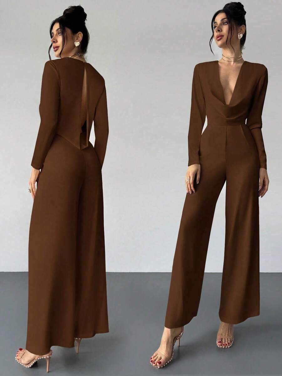 Firerie Elegant Burgundy Autumn Night Out Dinner Date Deep V-Neck Backless Waist-Cinched Long Sleeved Wide Leg Pants For Cocktail Evening Party Wedding