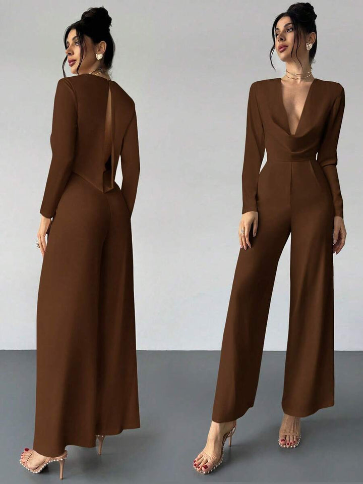 Firerie Elegant Burgundy Autumn Night Out Dinner Date Deep V-Neck Backless Waist-Cinched Long Sleeved Wide Leg Pants For Cocktail Evening Party Wedding
