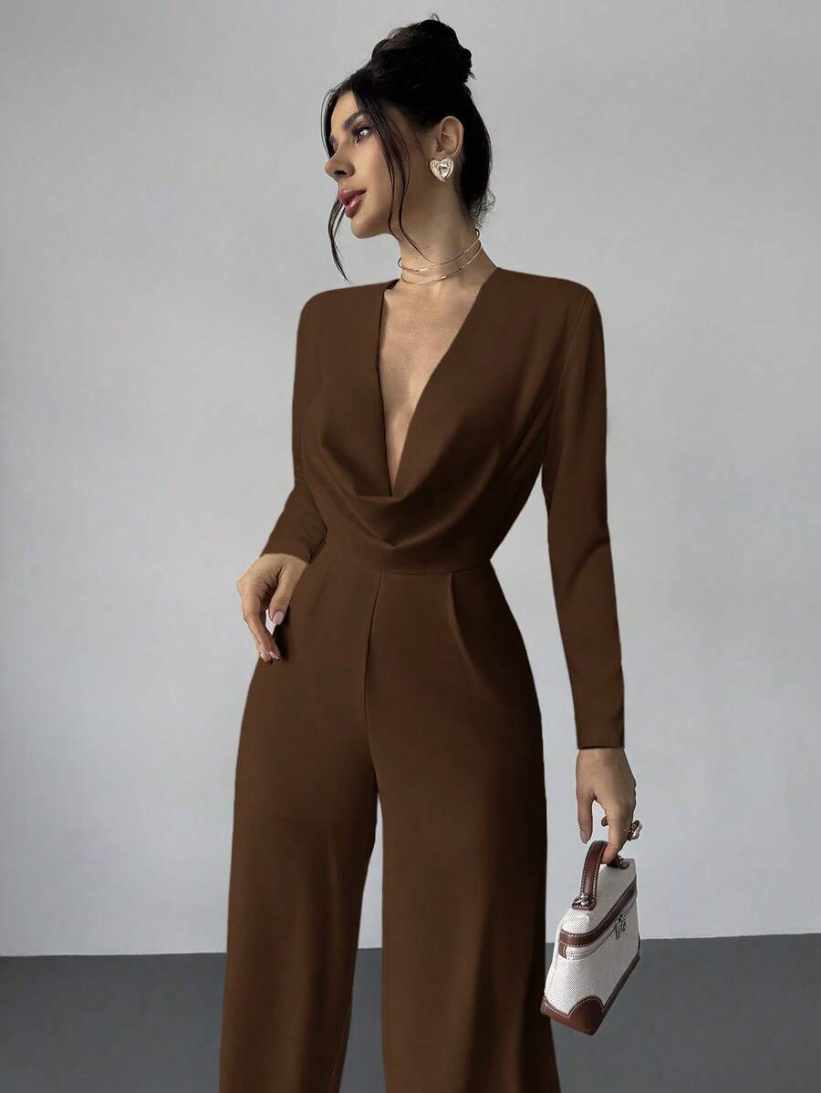 Firerie Elegant Burgundy Autumn Night Out Dinner Date Deep V-Neck Backless Waist-Cinched Long Sleeved Wide Leg Pants For Cocktail Evening Party Wedding