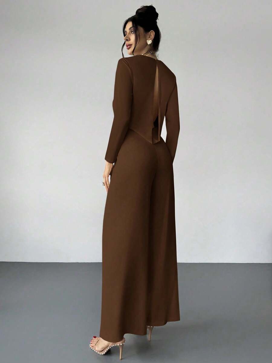 Firerie Elegant Burgundy Autumn Night Out Dinner Date Deep V-Neck Backless Waist-Cinched Long Sleeved Wide Leg Pants For Cocktail Evening Party Wedding