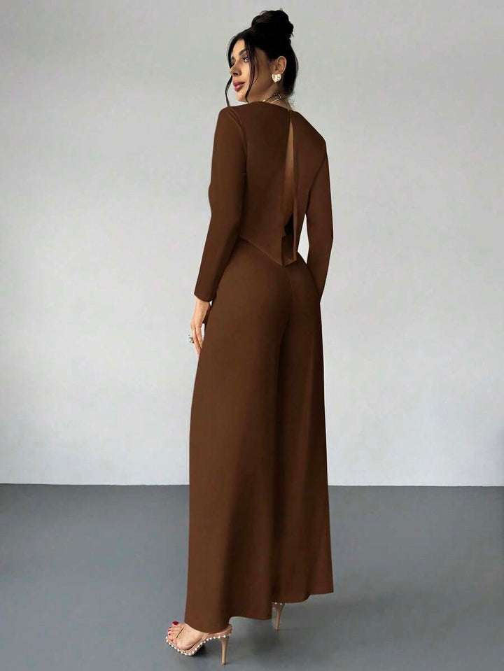 Firerie Elegant Burgundy Autumn Night Out Dinner Date Deep V-Neck Backless Waist-Cinched Long Sleeved Wide Leg Pants For Cocktail Evening Party Wedding