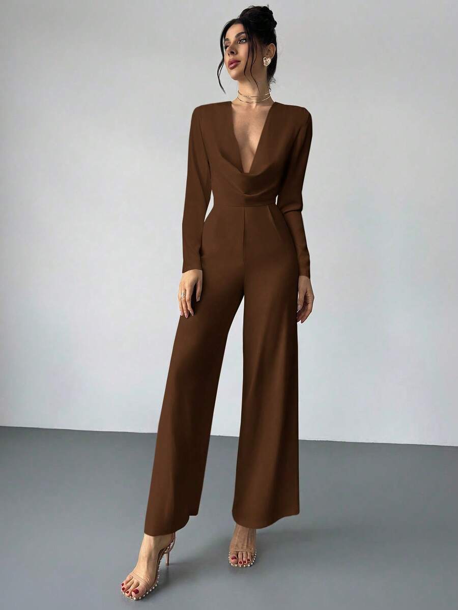 Firerie Elegant Burgundy Autumn Night Out Dinner Date Deep V-Neck Backless Waist-Cinched Long Sleeved Wide Leg Pants For Cocktail Evening Party Wedding