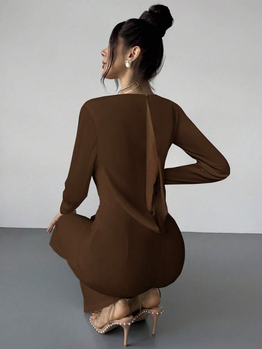Firerie Elegant Burgundy Autumn Night Out Dinner Date Deep V-Neck Backless Waist-Cinched Long Sleeved Wide Leg Pants For Cocktail Evening Party Wedding