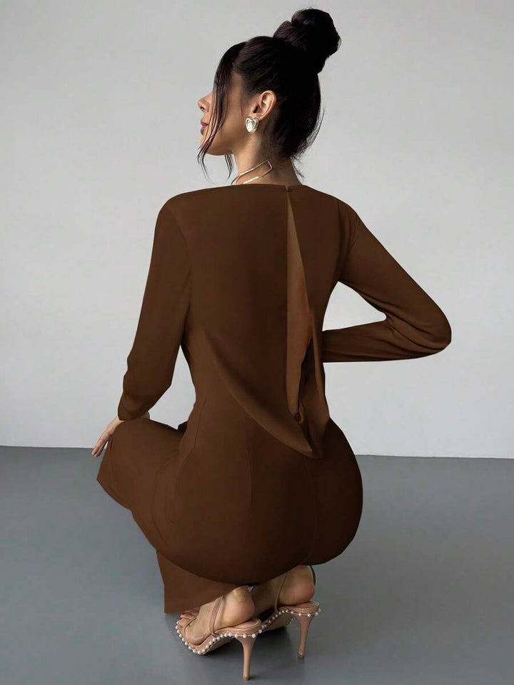 Firerie Elegant Burgundy Autumn Night Out Dinner Date Deep V-Neck Backless Waist-Cinched Long Sleeved Wide Leg Pants For Cocktail Evening Party Wedding