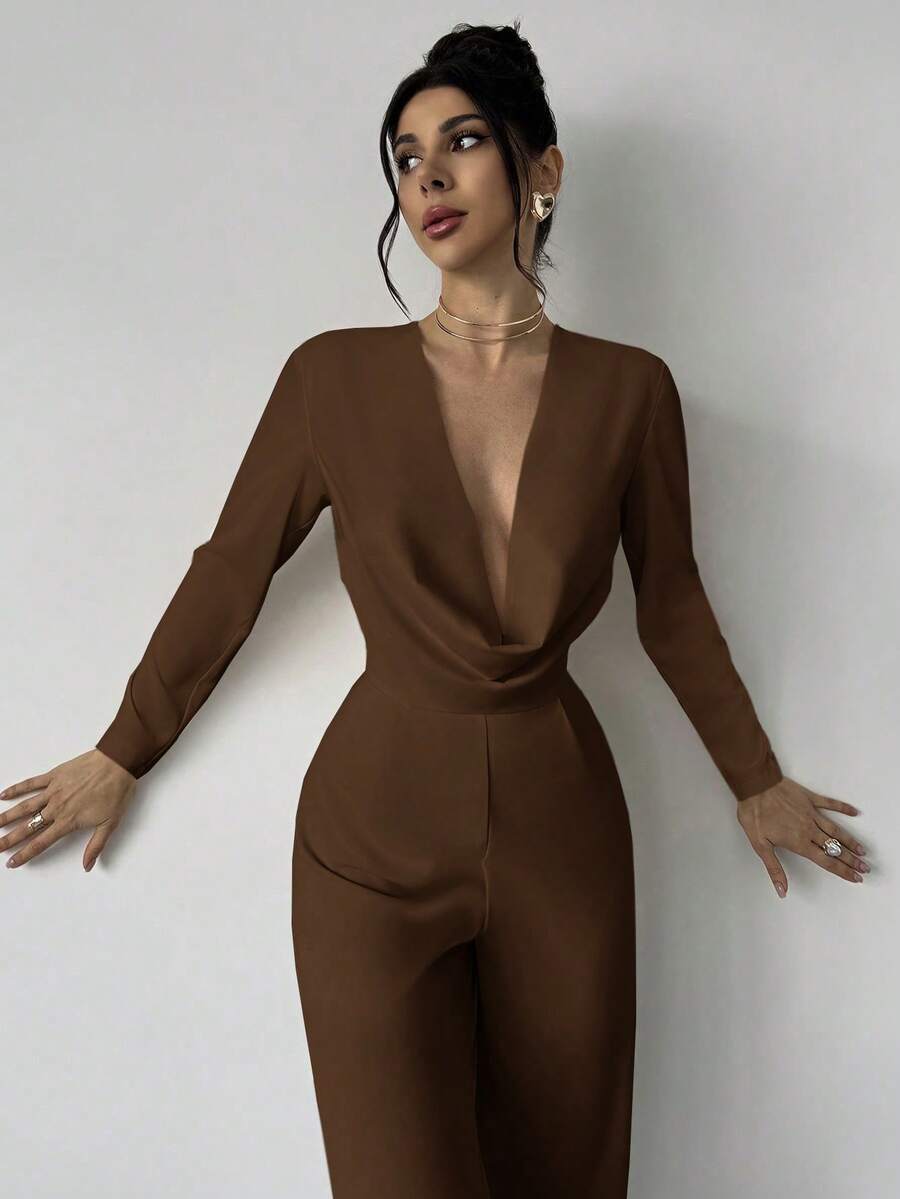 Firerie Elegant Burgundy Autumn Night Out Dinner Date Deep V-Neck Backless Waist-Cinched Long Sleeved Wide Leg Pants For Cocktail Evening Party Wedding