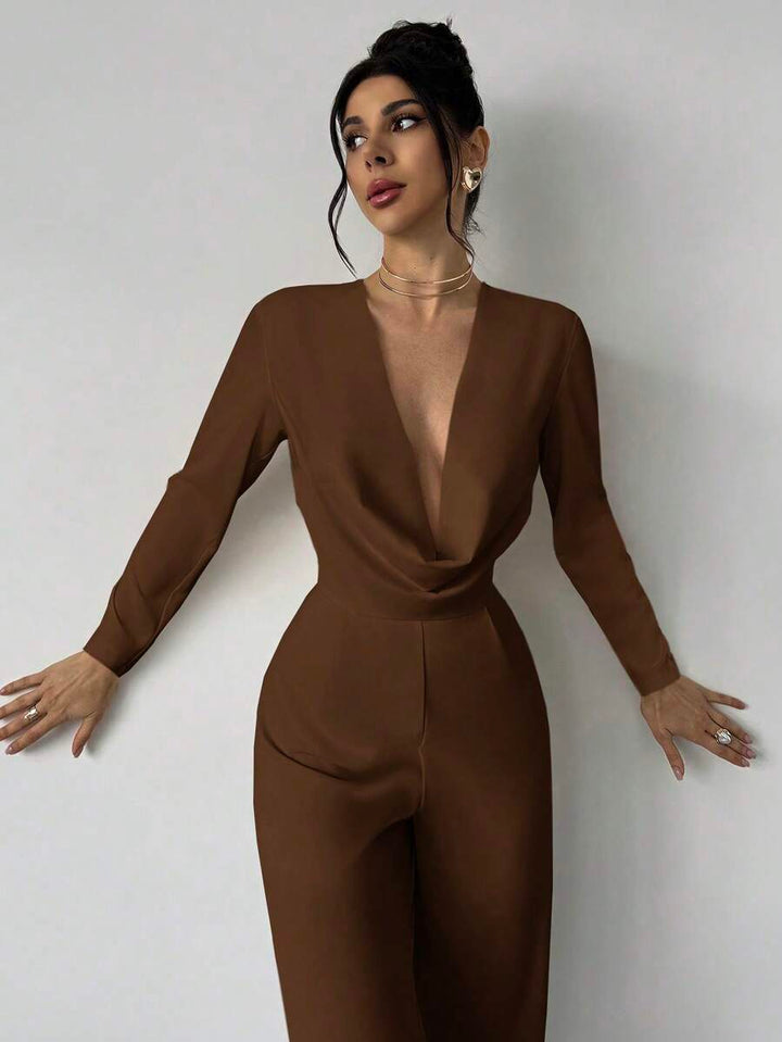 Firerie Elegant Burgundy Autumn Night Out Dinner Date Deep V-Neck Backless Waist-Cinched Long Sleeved Wide Leg Pants For Cocktail Evening Party Wedding