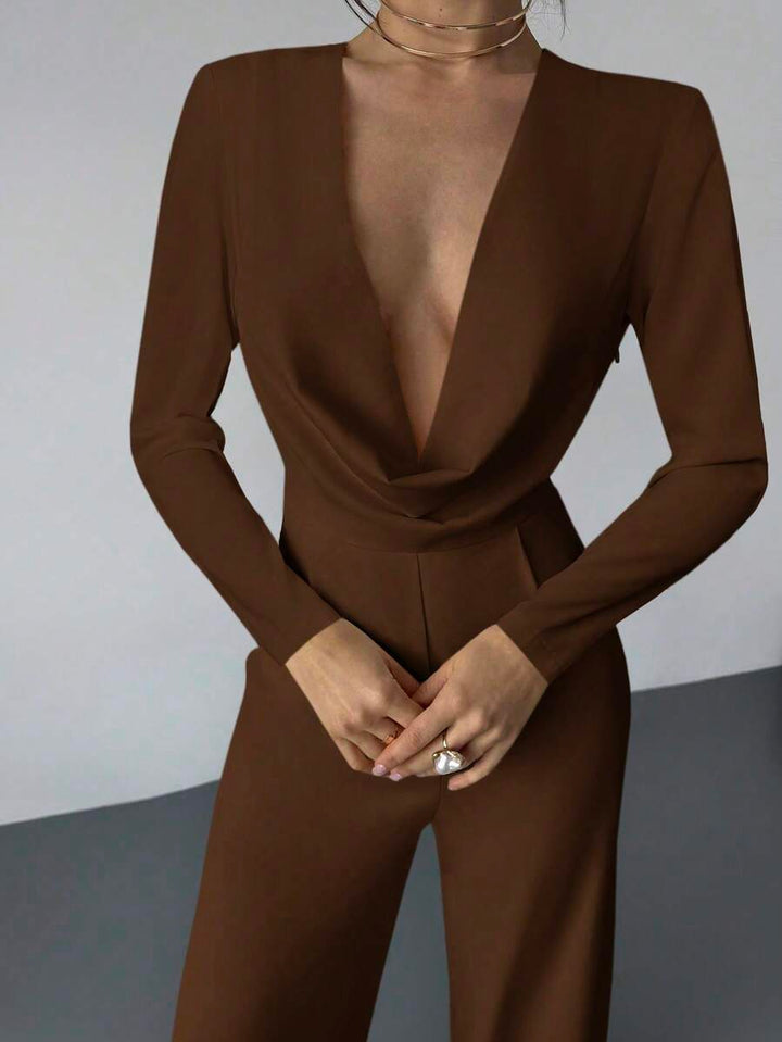 Firerie Elegant Burgundy Autumn Night Out Dinner Date Deep V-Neck Backless Waist-Cinched Long Sleeved Wide Leg Pants For Cocktail Evening Party Wedding