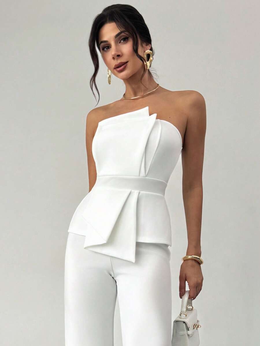 Firerie Elegant,Burgundy,Summer,Bar Party Asymmetrical Strapless High-Waisted White Jumpsuit,Refined Minimalist Modern Wedding Valentine's Day Date Outfits