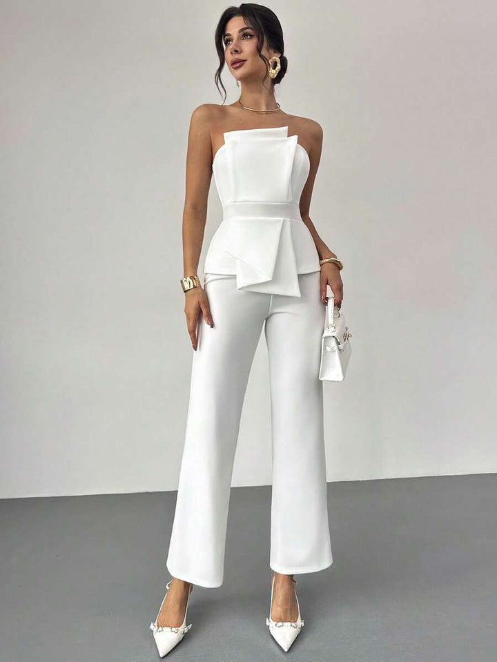 Firerie Elegant,Burgundy,Summer,Bar Party Asymmetrical Strapless High-Waisted White Jumpsuit,Refined Minimalist Modern Wedding Valentine&