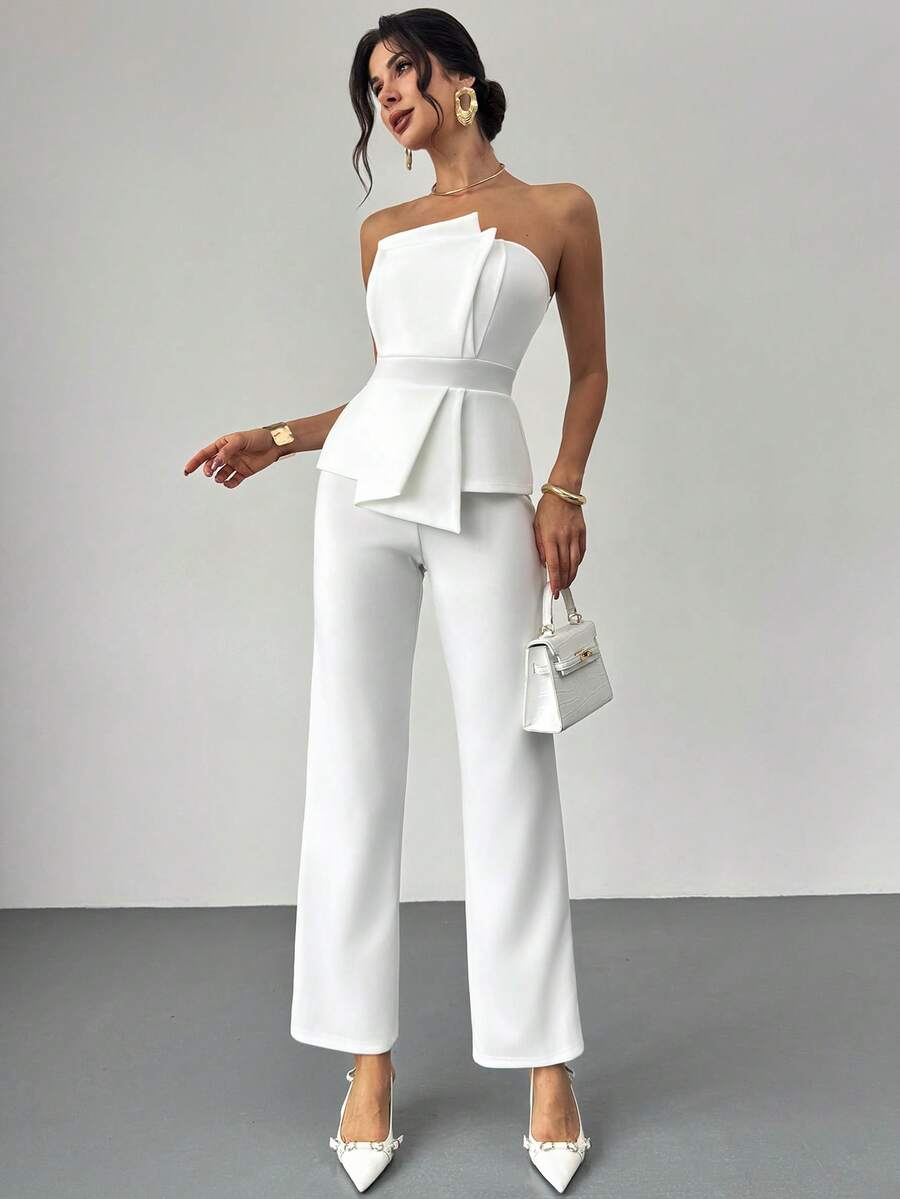Firerie Elegant,Burgundy,Summer,Bar Party Asymmetrical Strapless High-Waisted White Jumpsuit,Refined Minimalist Modern Wedding Valentine's Day Date Outfits