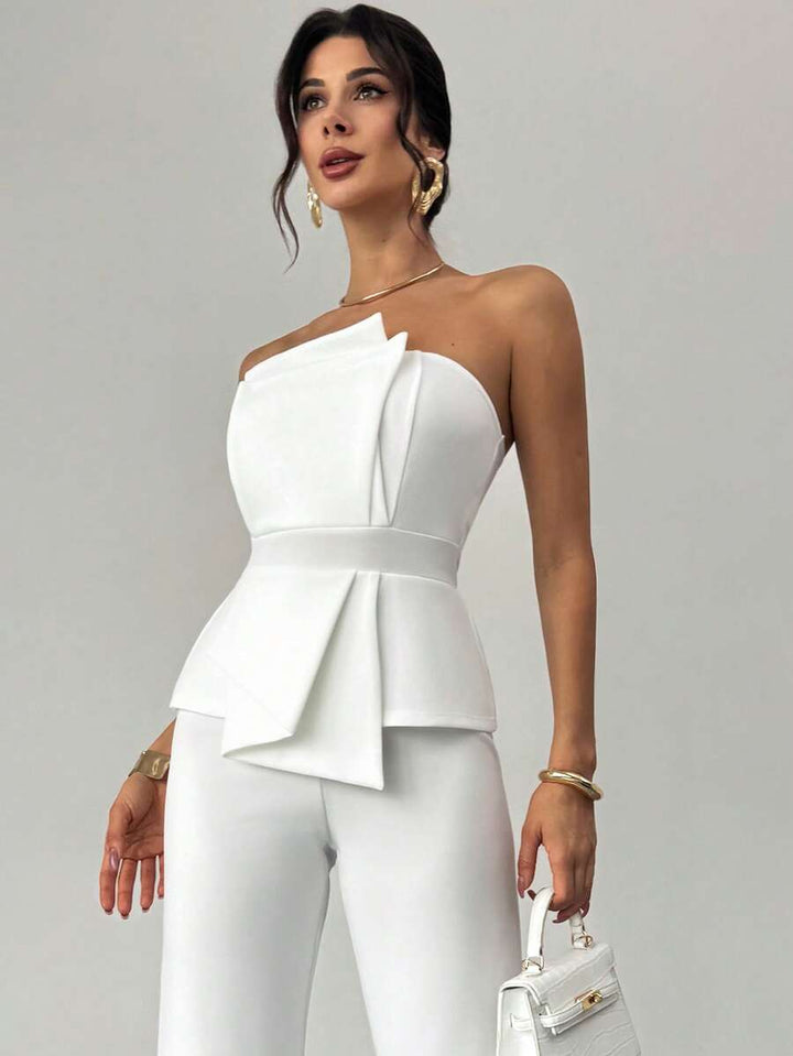 Firerie Elegant,Burgundy,Summer,Bar Party Asymmetrical Strapless High-Waisted White Jumpsuit,Refined Minimalist Modern Wedding Valentine&
