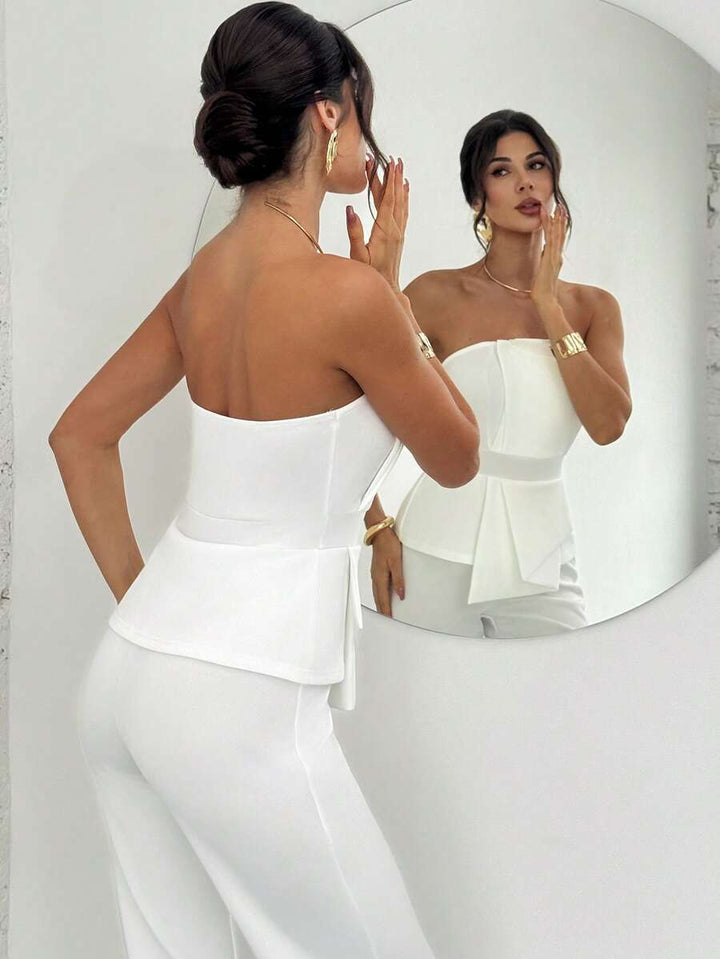 Firerie Elegant,Burgundy,Summer,Bar Party Asymmetrical Strapless High-Waisted White Jumpsuit,Refined Minimalist Modern Wedding Valentine&
