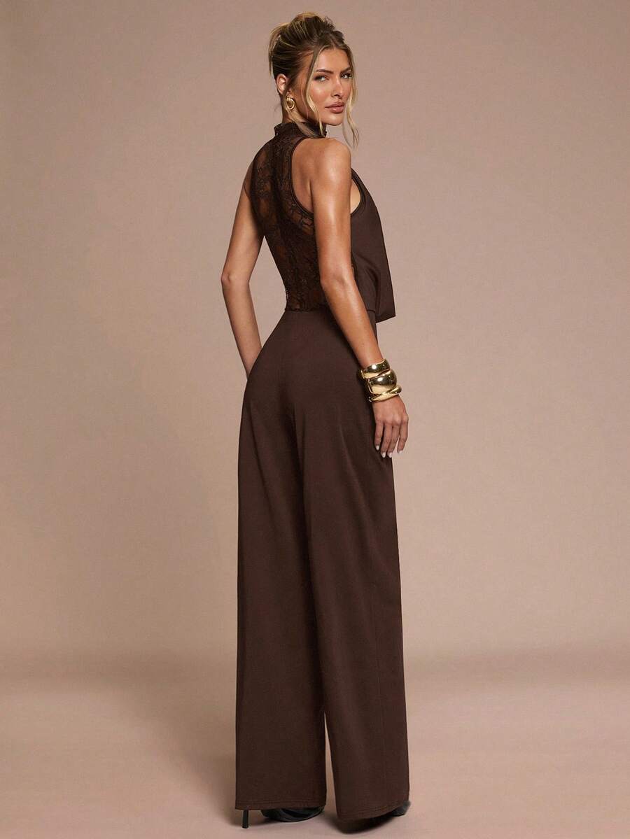 SHEIN BAE Women's Elegant Black Sleeveless Jumpsuit,Lace Patchwork Trimmed,Autumn Party Night Outfits,Solid Color For Cocktail Parties,Formal Events&Valentine