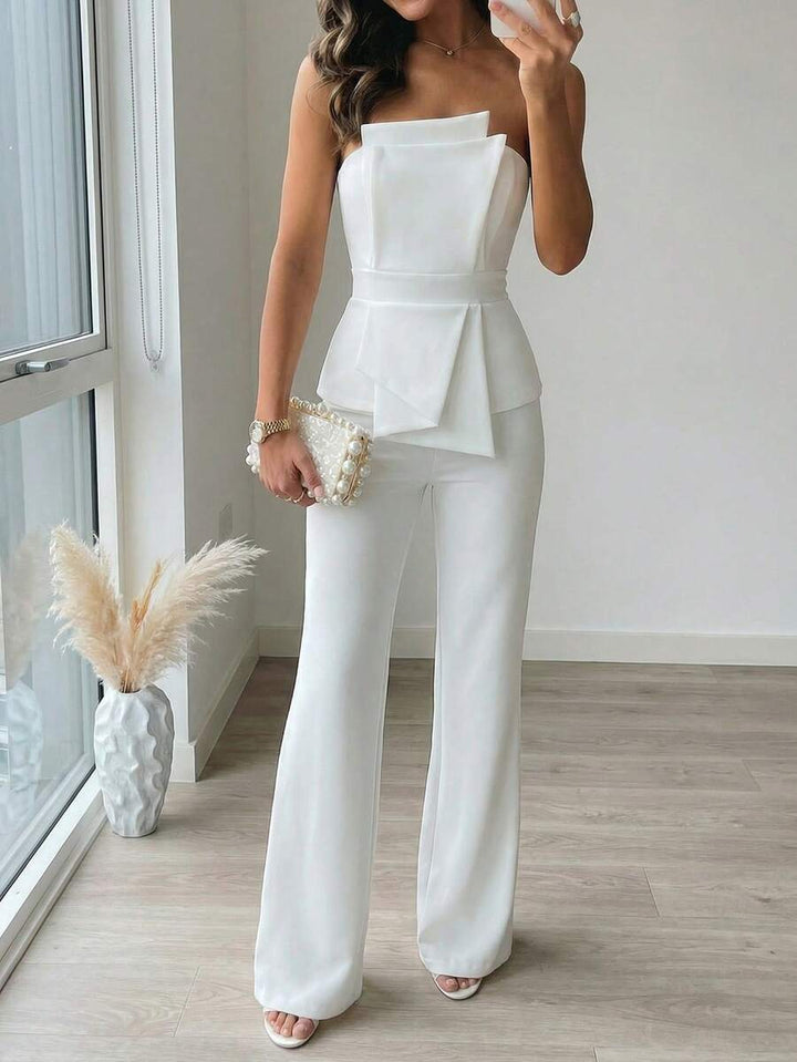 Firerie Elegant,Burgundy,Summer,Bar Party Asymmetrical Strapless High-Waisted White Jumpsuit,Refined Minimalist Modern Wedding Valentine&