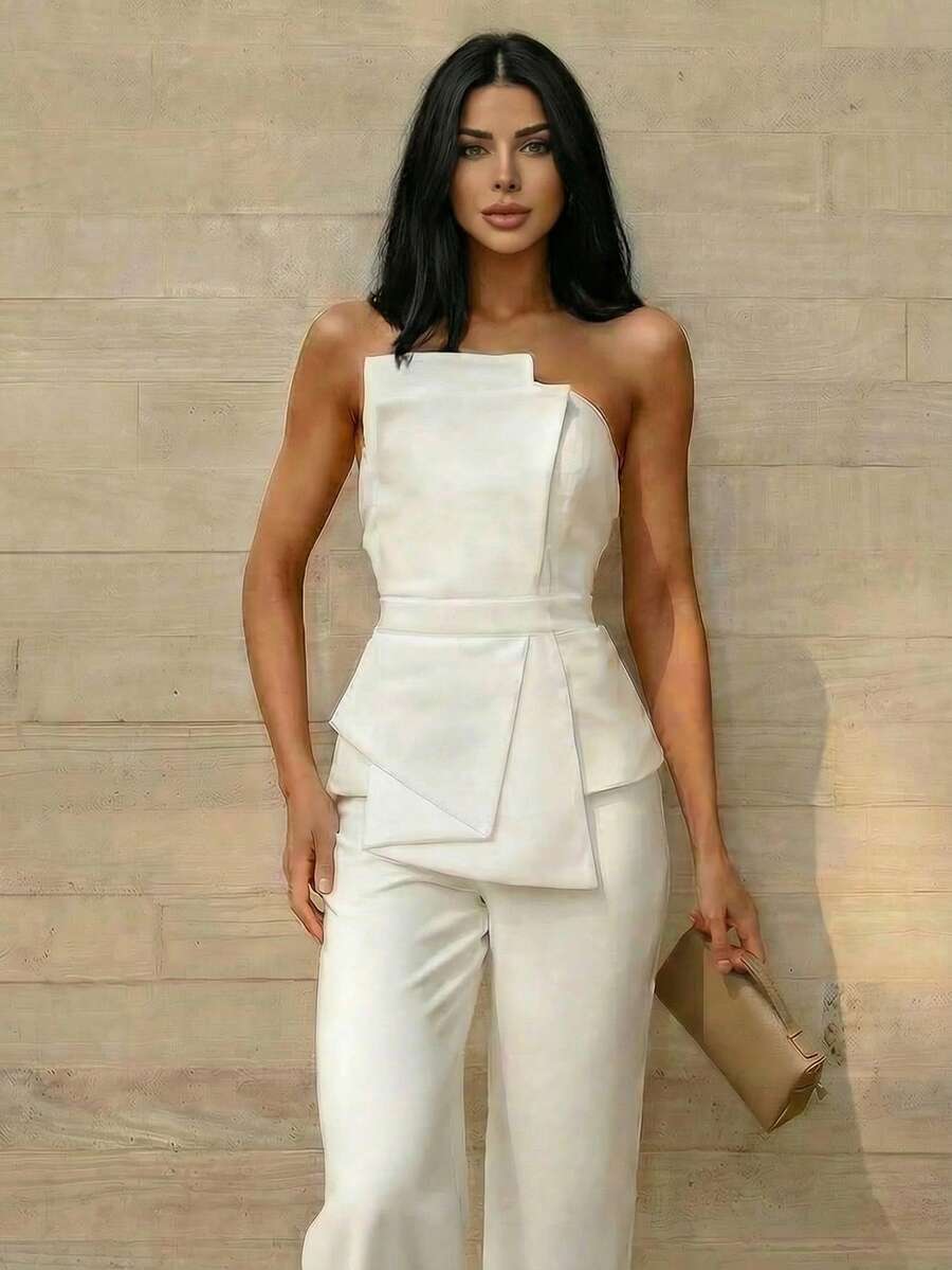 Firerie Elegant,Burgundy,Summer,Bar Party Asymmetrical Strapless High-Waisted White Jumpsuit,Refined Minimalist Modern Wedding Valentine's Day Date Outfits