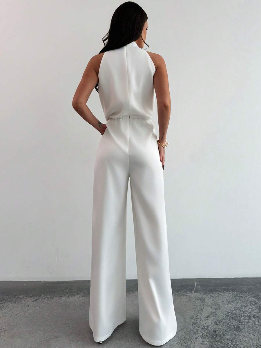 Firerie Women's Elegant White Sleeveless Mandarin Collar Pearl Beaded Jumpsuit,Formal Summer Wide Leg Pants,Office Wear,Graduation,Party,Wedding Guest Outfit