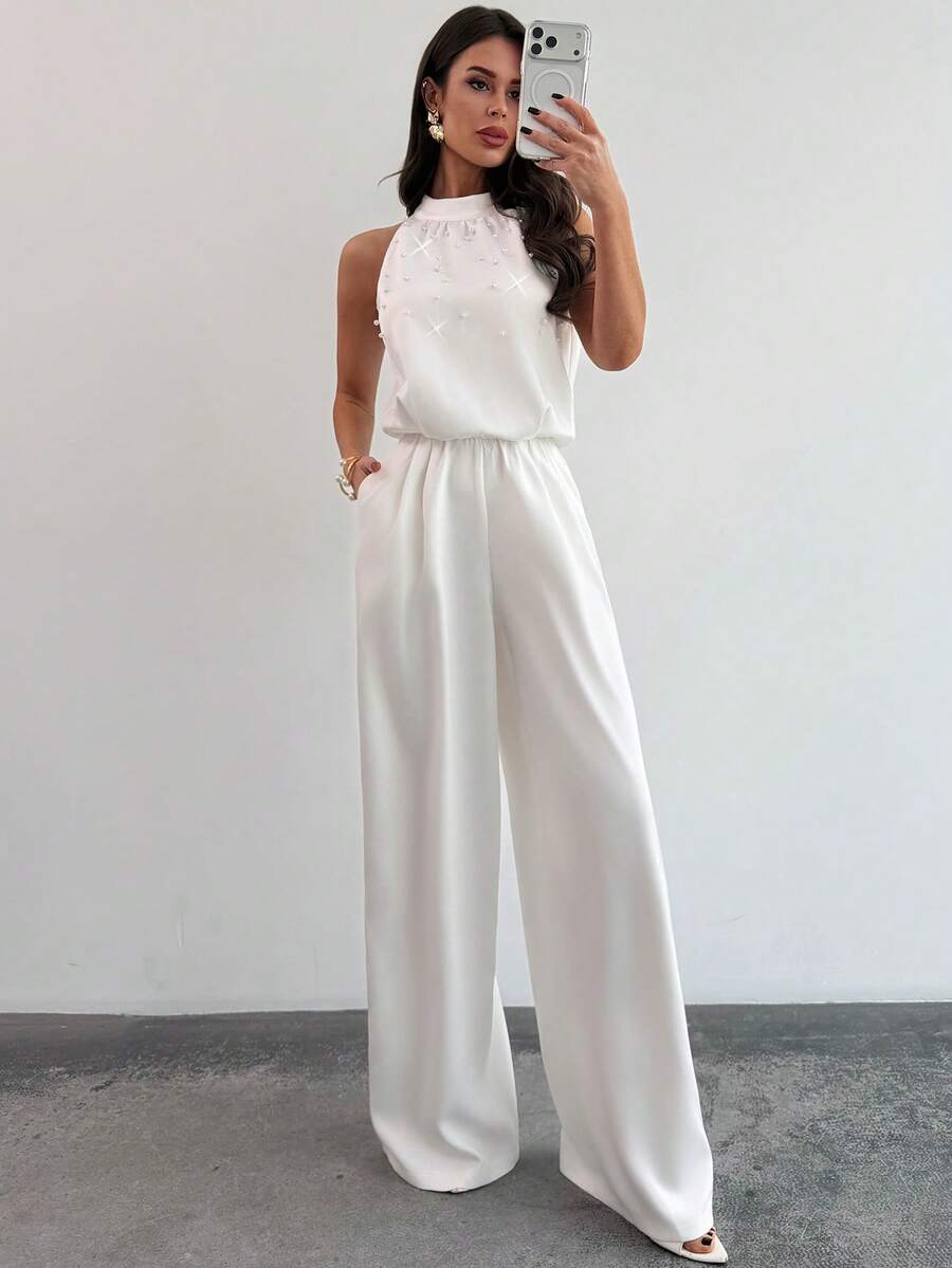 Firerie Women's Elegant White Sleeveless Mandarin Collar Pearl Beaded Jumpsuit,Formal Summer Wide Leg Pants,Office Wear,Graduation,Party,Wedding Guest Outfit