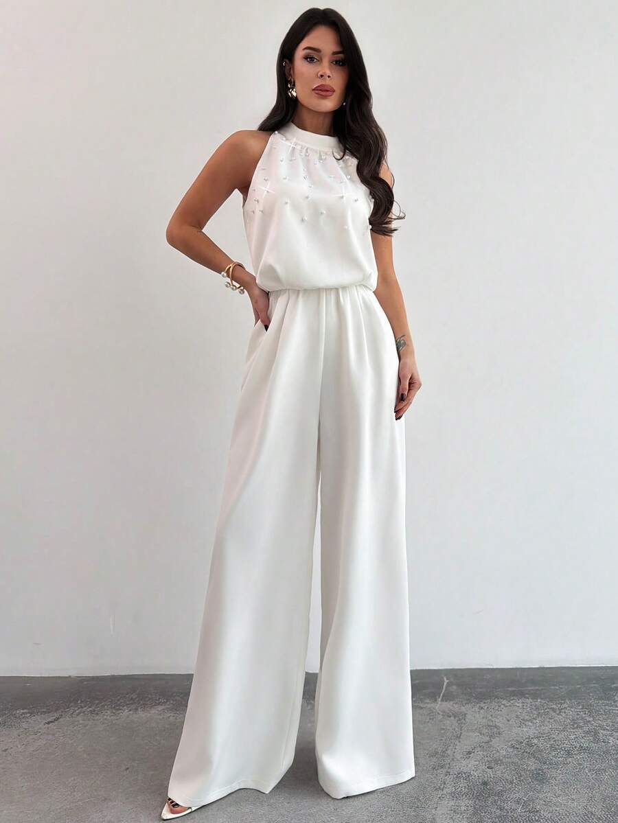 Firerie Women's Elegant White Sleeveless Mandarin Collar Pearl Beaded Jumpsuit,Formal Summer Wide Leg Pants,Office Wear,Graduation,Party,Wedding Guest Outfit
