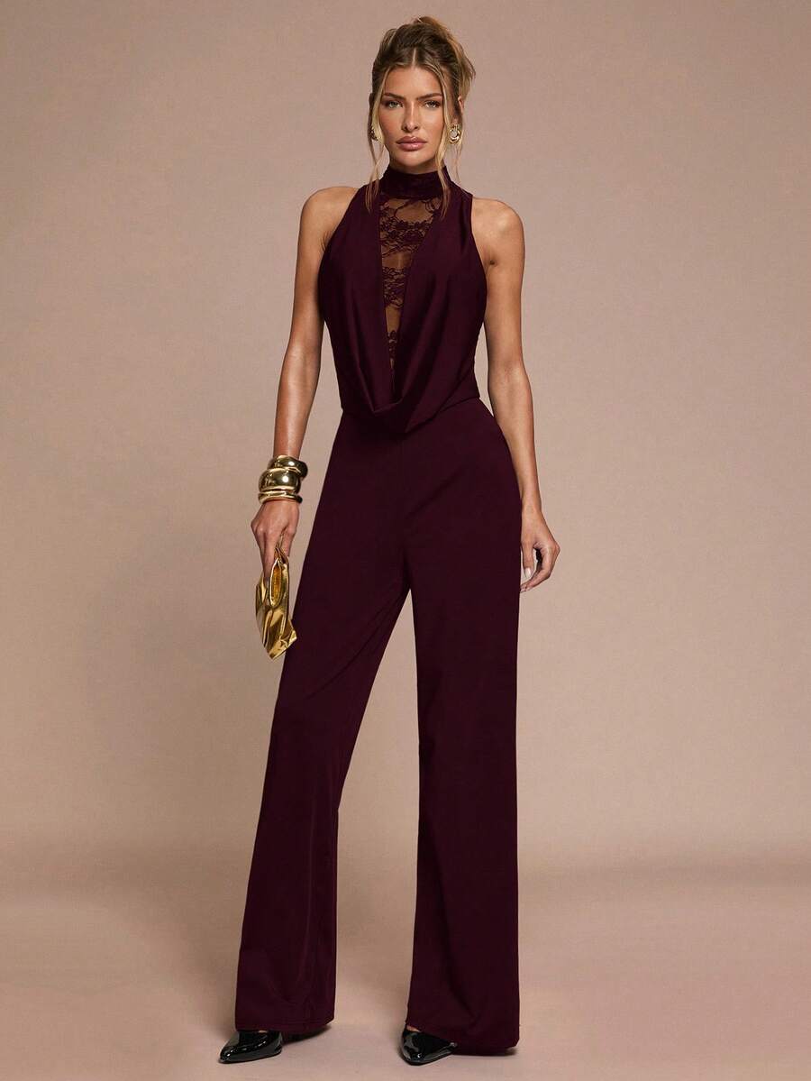 SHEIN BAE Women's Elegant Black Sleeveless Jumpsuit,Lace Patchwork Trimmed,Autumn Party Night Outfits,Solid Color For Cocktail Parties,Formal Events&Valentine