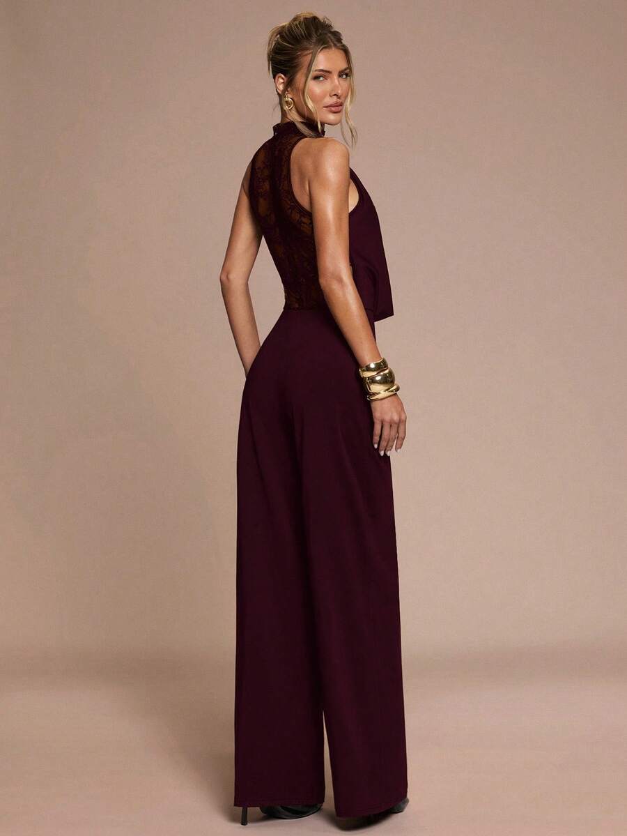 SHEIN BAE Women's Elegant Black Sleeveless Jumpsuit,Lace Patchwork Trimmed,Autumn Party Night Outfits,Solid Color For Cocktail Parties,Formal Events&Valentine