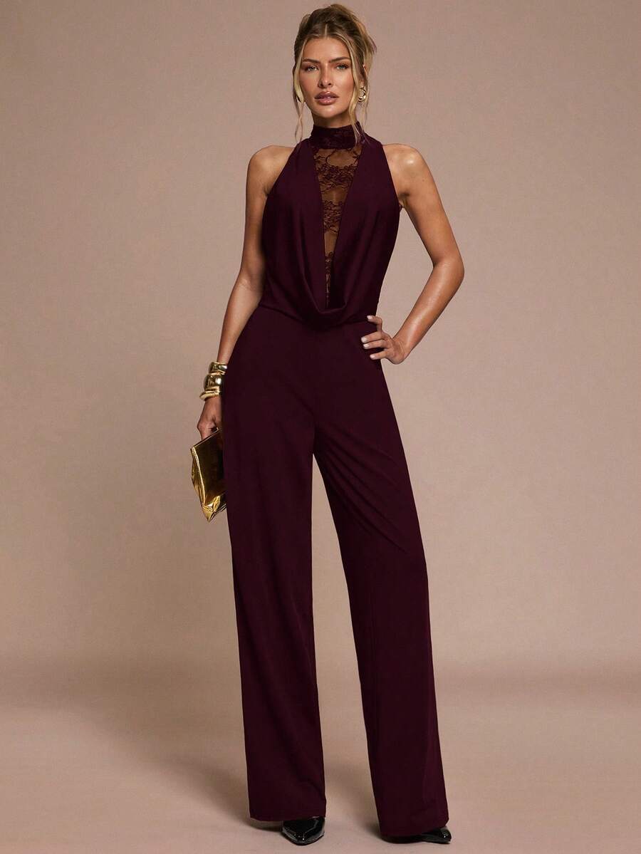 SHEIN BAE Women's Elegant Black Sleeveless Jumpsuit,Lace Patchwork Trimmed,Autumn Party Night Outfits,Solid Color For Cocktail Parties,Formal Events&Valentine