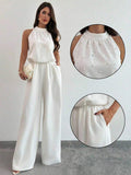 Firerie Women's Elegant White Sleeveless Mandarin Collar Pearl Beaded Jumpsuit,Formal Summer Wide Leg Pants,Office Wear,Graduation,Party,Wedding Guest Outfit