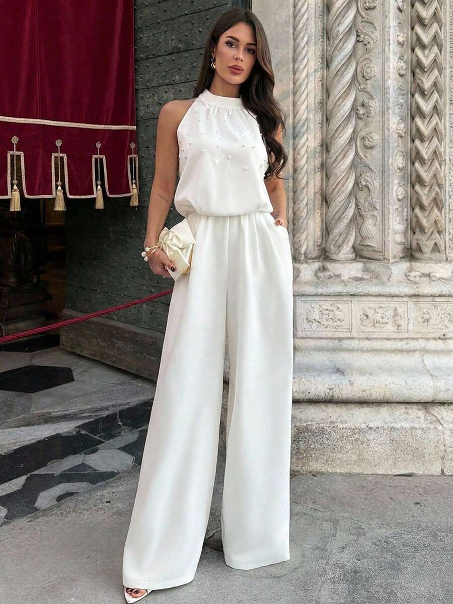 Firerie Women's Elegant White Sleeveless Mandarin Collar Pearl Beaded Jumpsuit,Formal Summer Wide Leg Pants,Office Wear,Graduation,Party,Wedding Guest Outfit