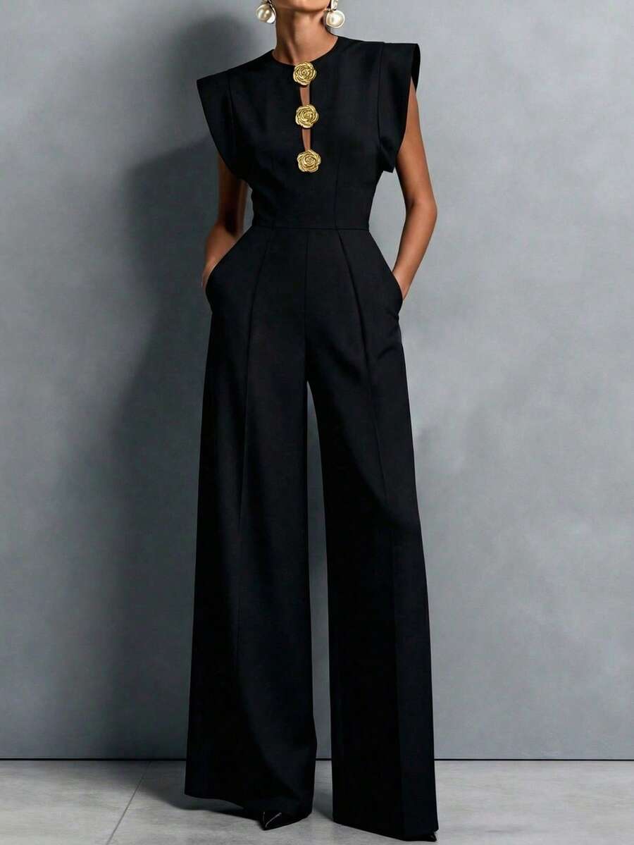 Women's Black Formal Elegant Classic Jumpsuit With Gold Floral Decoration And Pockets Summer