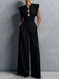 Women's Black Formal Elegant Classic Jumpsuit With Gold Floral Decoration And Pockets Summer