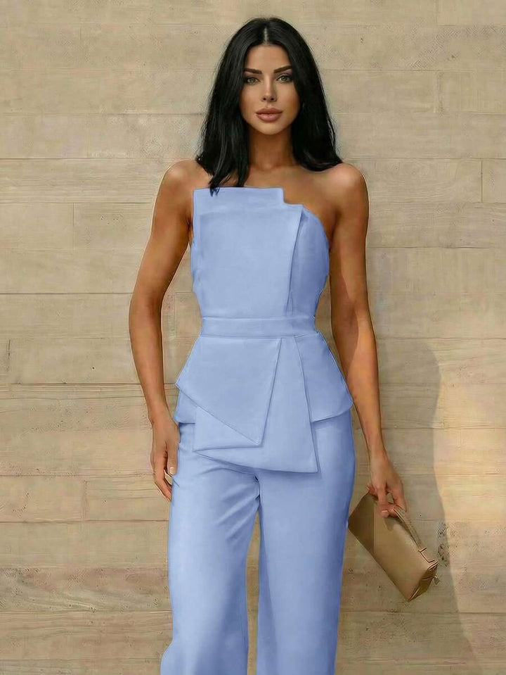 Firerie Elegant,Burgundy,Summer,Bar Party Asymmetrical Strapless High-Waisted White Jumpsuit,Refined Minimalist Modern Wedding Valentine&