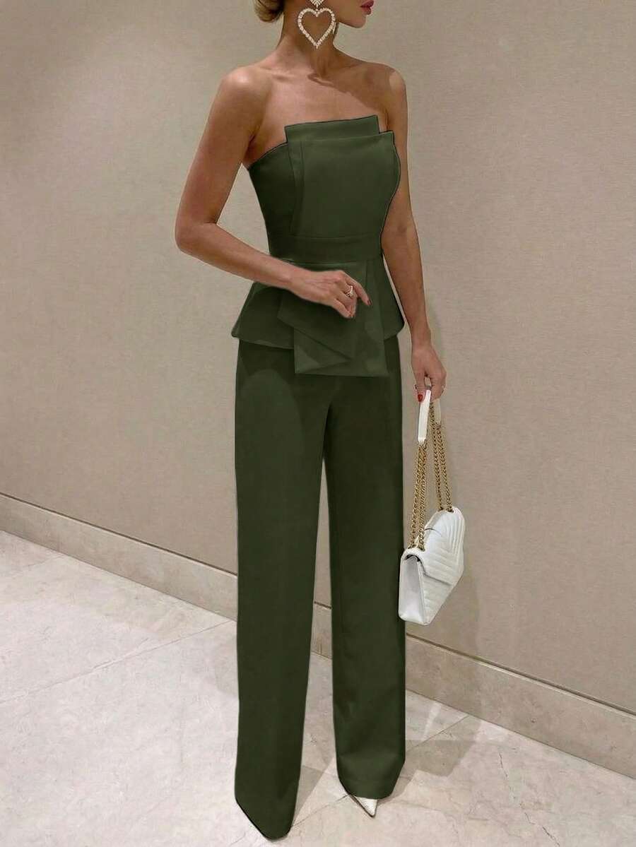 Firerie Elegant,Burgundy,Summer,Bar Party Asymmetrical Strapless High-Waisted White Jumpsuit,Refined Minimalist Modern Wedding Valentine&