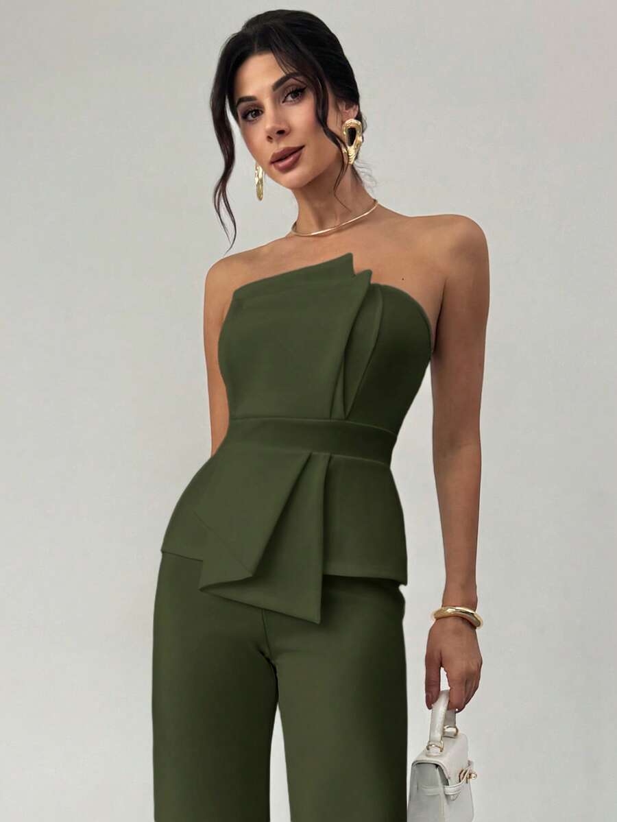 Firerie Elegant,Burgundy,Summer,Bar Party Asymmetrical Strapless High-Waisted White Jumpsuit,Refined Minimalist Modern Wedding Valentine&