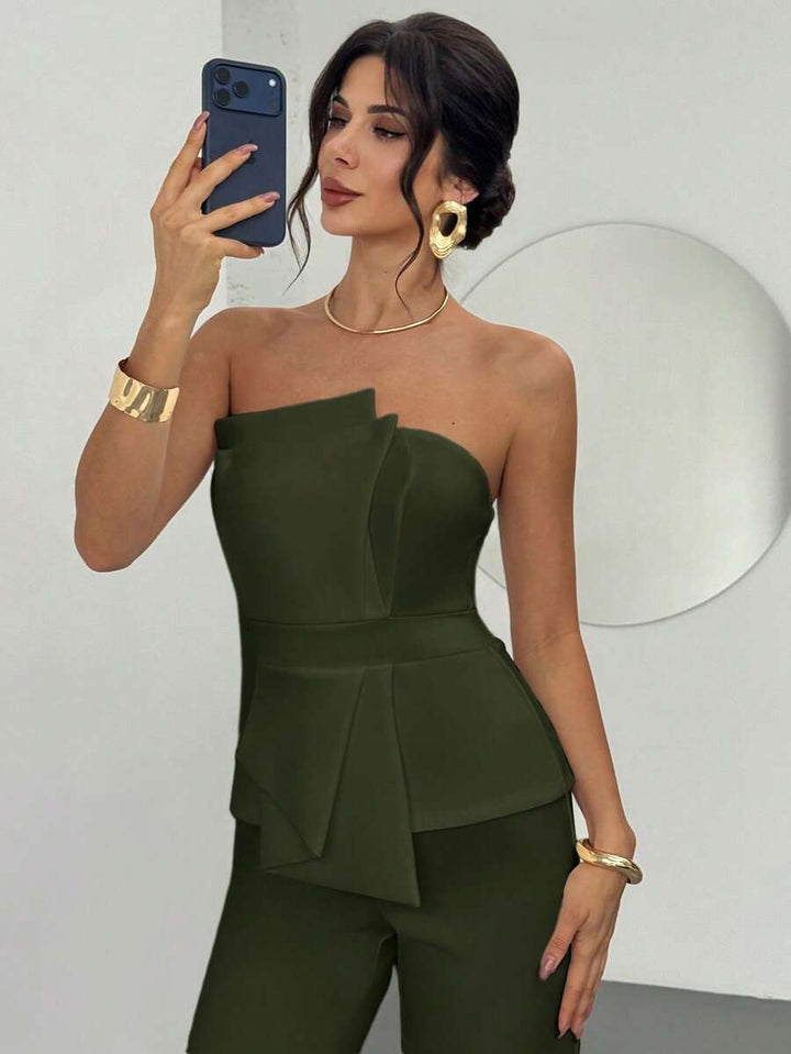 Firerie Elegant,Burgundy,Summer,Bar Party Asymmetrical Strapless High-Waisted White Jumpsuit,Refined Minimalist Modern Wedding Valentine&