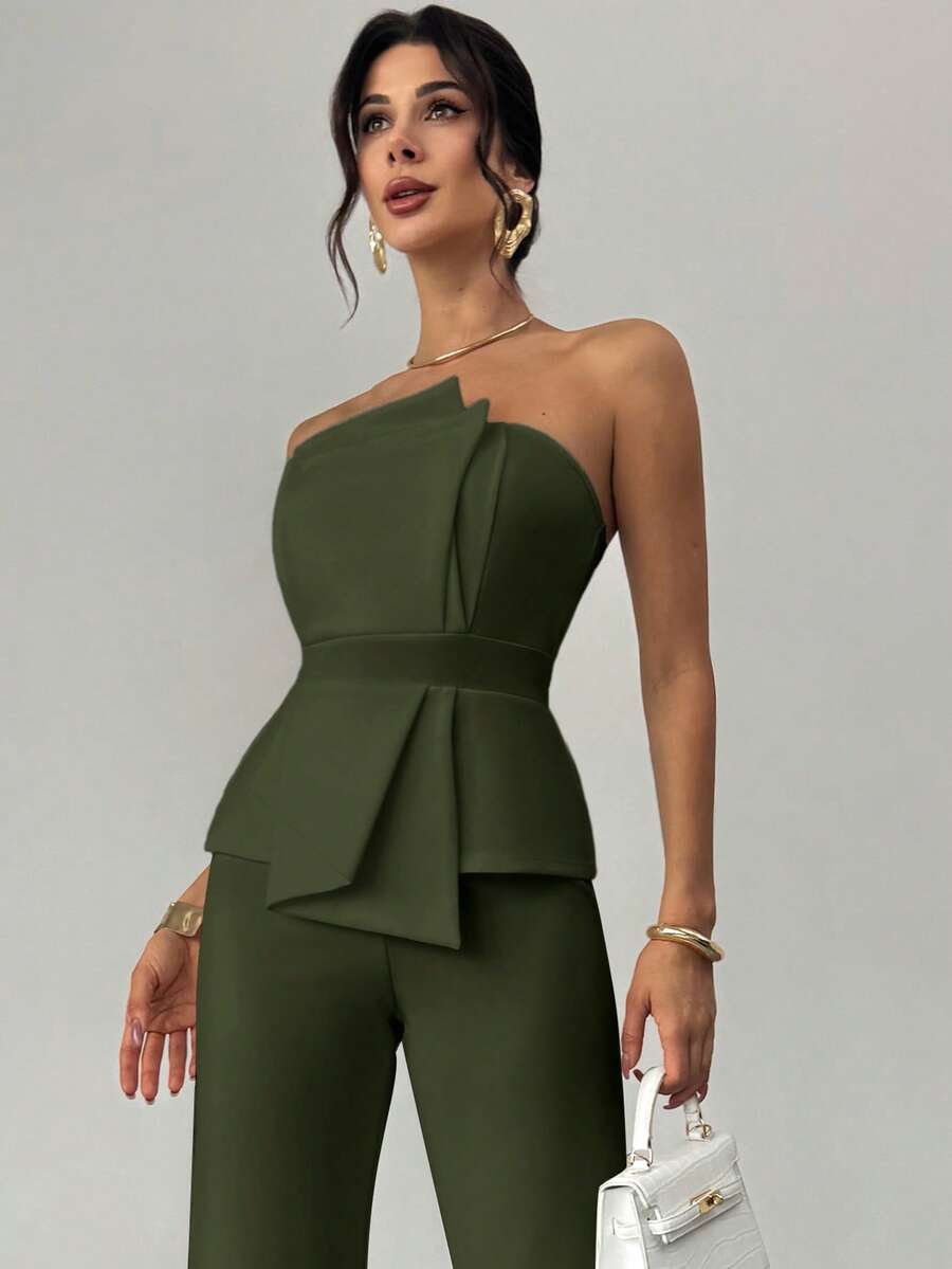 Firerie Elegant,Burgundy,Summer,Bar Party Asymmetrical Strapless High-Waisted White Jumpsuit,Refined Minimalist Modern Wedding Valentine's Day Date Outfits