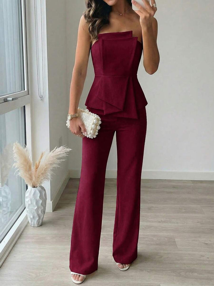 Firerie Elegant,Burgundy,Summer,Bar Party Asymmetrical Strapless High-Waisted White Jumpsuit,Refined Minimalist Modern Wedding Valentine&