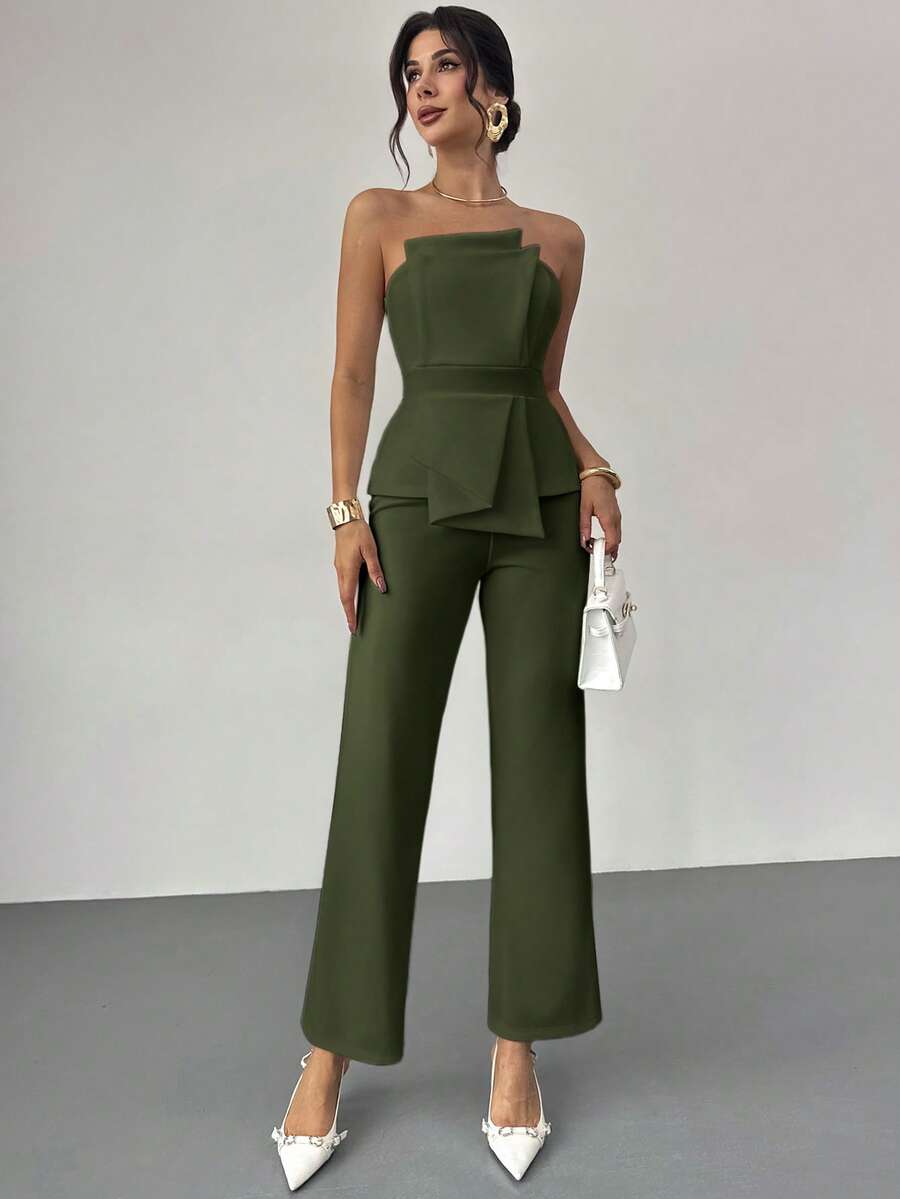 Firerie Elegant,Burgundy,Summer,Bar Party Asymmetrical Strapless High-Waisted White Jumpsuit,Refined Minimalist Modern Wedding Valentine's Day Date Outfits