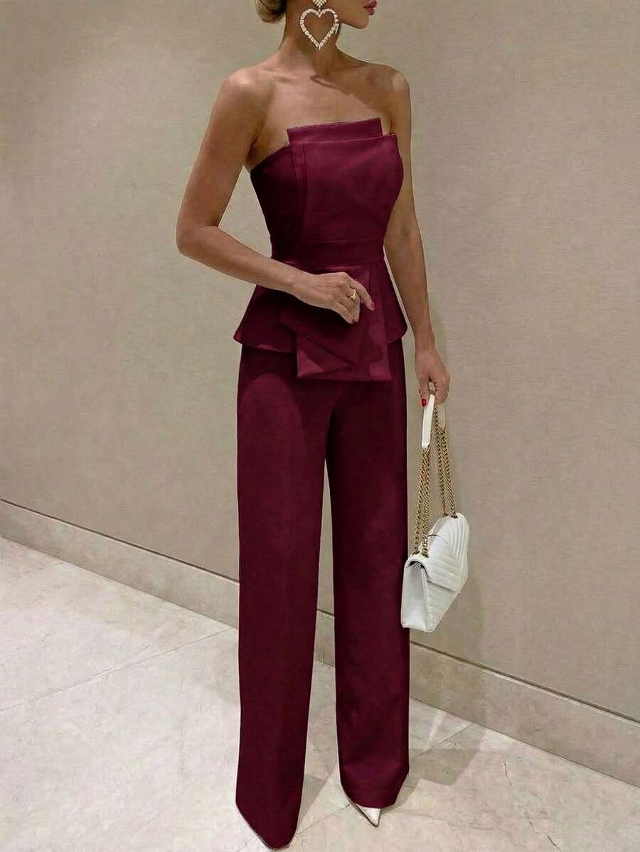 Firerie Elegant,Burgundy,Summer,Bar Party Asymmetrical Strapless High-Waisted White Jumpsuit,Refined Minimalist Modern Wedding Valentine&