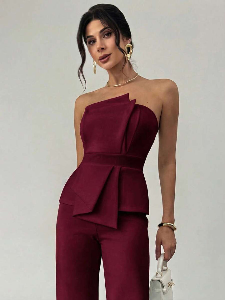 Firerie Elegant,Burgundy,Summer,Bar Party Asymmetrical Strapless High-Waisted White Jumpsuit,Refined Minimalist Modern Wedding Valentine&
