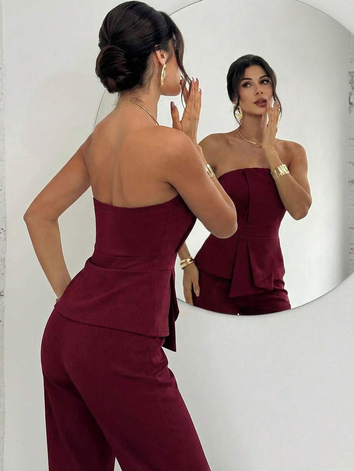 Firerie Elegant,Burgundy,Summer,Bar Party Asymmetrical Strapless High-Waisted White Jumpsuit,Refined Minimalist Modern Wedding Valentine&