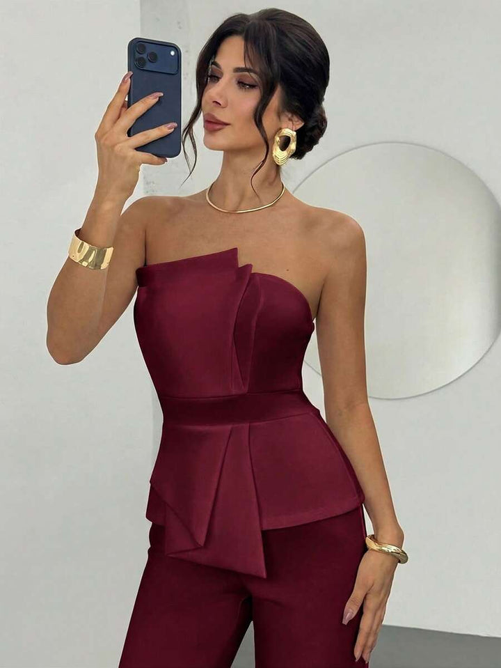 Firerie Elegant,Burgundy,Summer,Bar Party Asymmetrical Strapless High-Waisted White Jumpsuit,Refined Minimalist Modern Wedding Valentine&