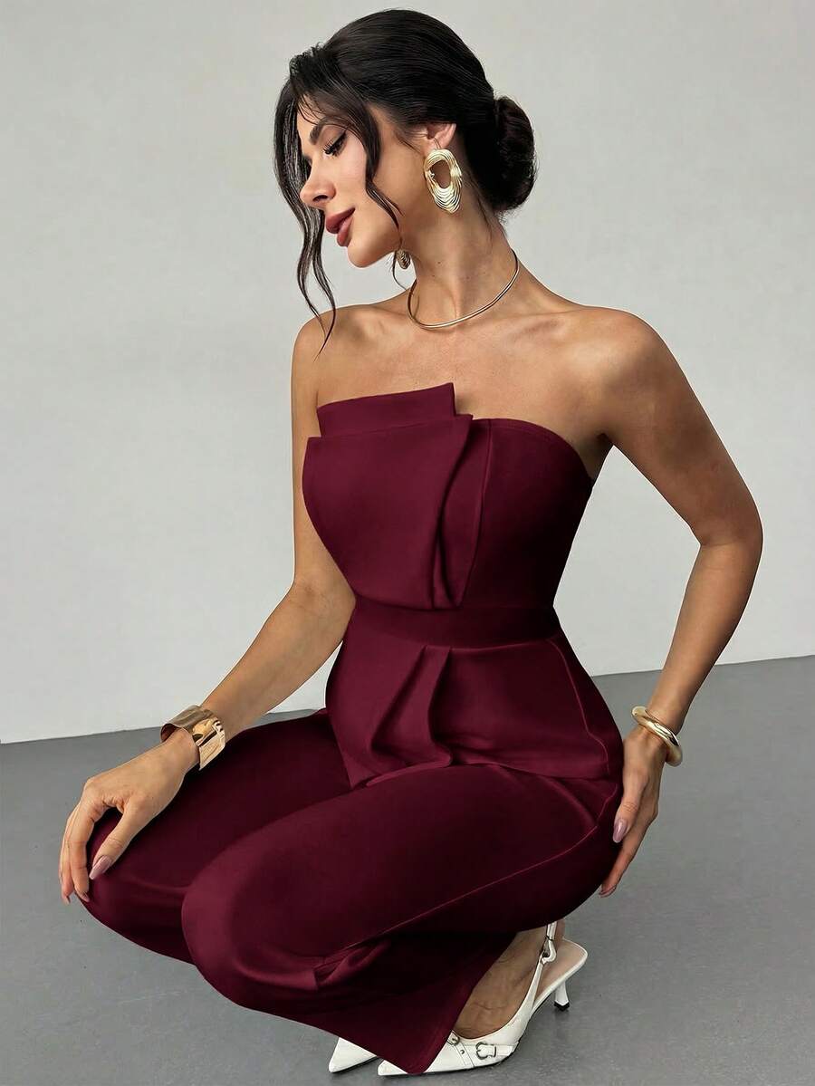 Firerie Elegant,Burgundy,Summer,Bar Party Asymmetrical Strapless High-Waisted White Jumpsuit,Refined Minimalist Modern Wedding Valentine's Day Date Outfits