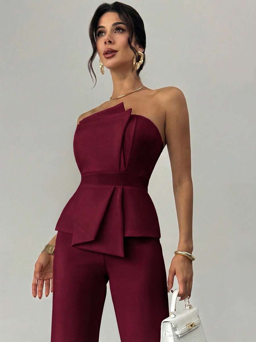 Firerie Elegant,Burgundy,Summer,Bar Party Asymmetrical Strapless High-Waisted White Jumpsuit,Refined Minimalist Modern Wedding Valentine's Day Date Outfits